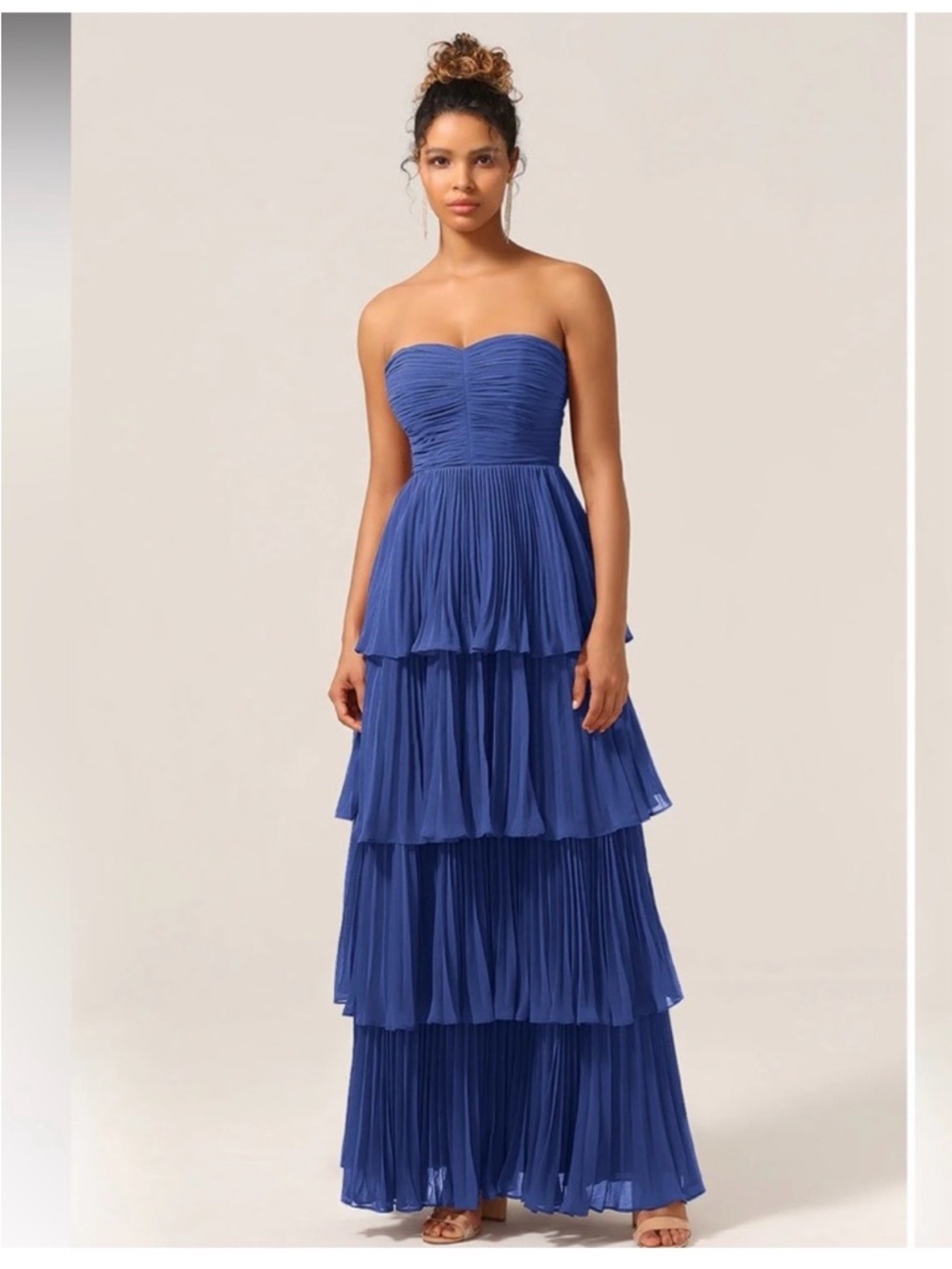 Strapless Tiered Pleated Maxi Dress in Cobalt Blue